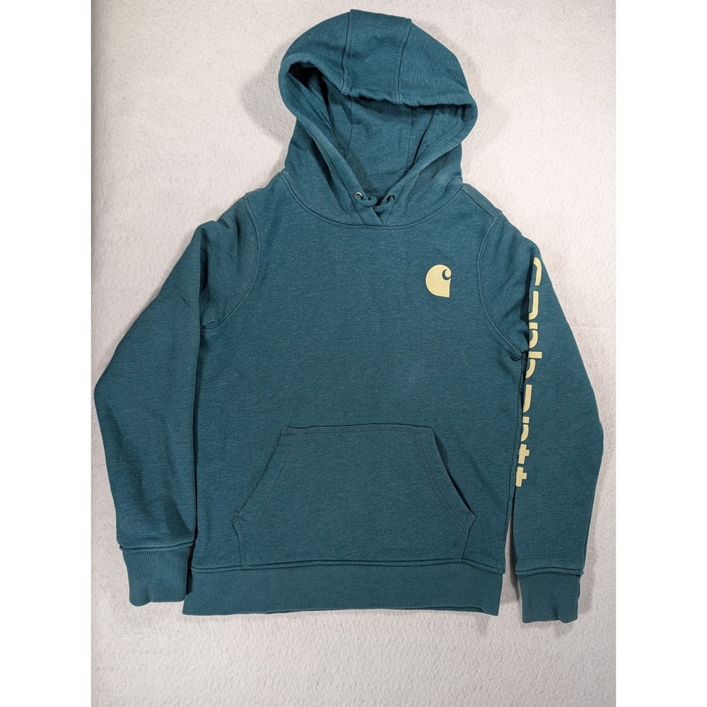 Carhartt Youth XS 0-2 Relaxed Fit Teal Logo Sleeve Pullover Hoodie Fleece Hooded